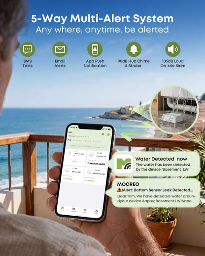 MOCREO WiFi Water Leak Detector Kit, 2000ft Long Range, SMS App Email Alerts, 105dB Adjustable Alarm, Leak Severity Tracking, 5-Year Battery Life, 3 IP67 Water Leak Sensors for Home Basement Kitchen
