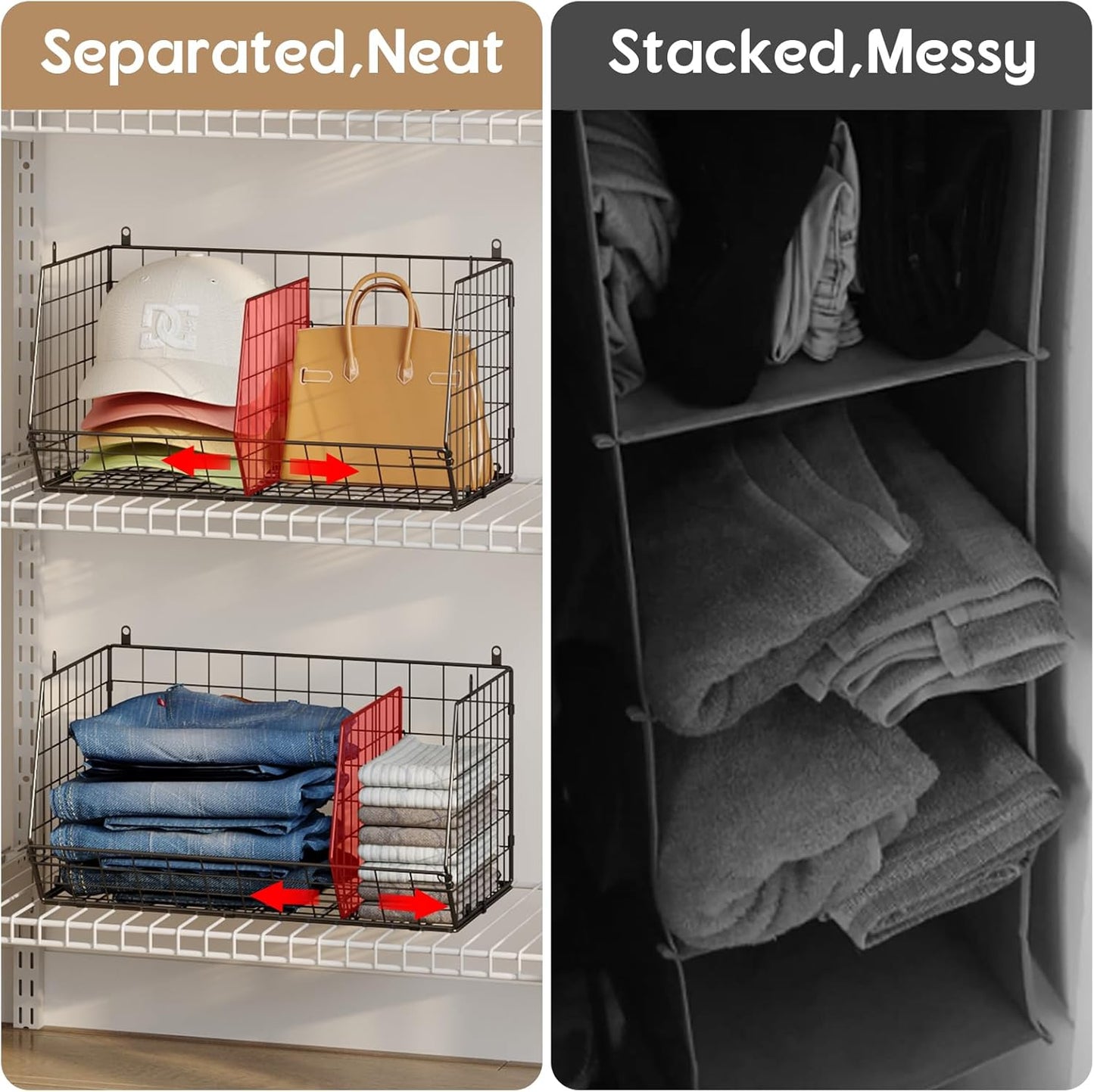 Jautokerdar 4 Tier Hanging Closet Organizer with Dividers,Extra Large Storage Hanging Shelf with 5 S Hooks 4 Dividers,Hang on Wire Closet Shelving Clothes Organizer-Black