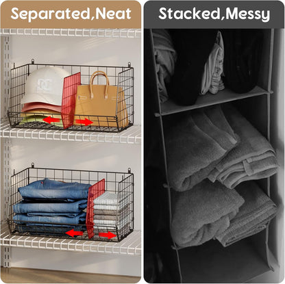 Jautokerdar 4 Tier Hanging Closet Organizer with Dividers,Extra Large Storage Hanging Shelf with 5 S Hooks 4 Dividers,Hang on Wire Closet Shelving Clothes Organizer-Black