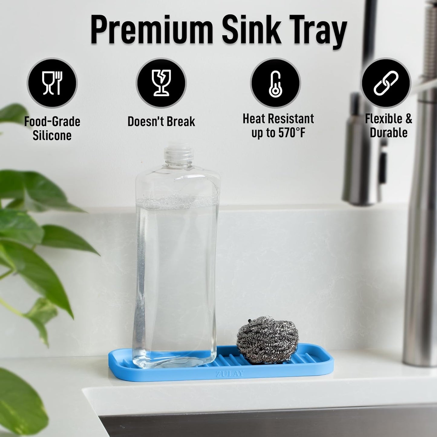 Zulay Kitchen (9x3.5in) Sponge Holder for Kitchen Sink - Flexible Heavy-Duty Multipurpose Sink Caddy - Counter Organizer for Kitchen, Bathroom, Makeup, Trinkets & More! (Grey)