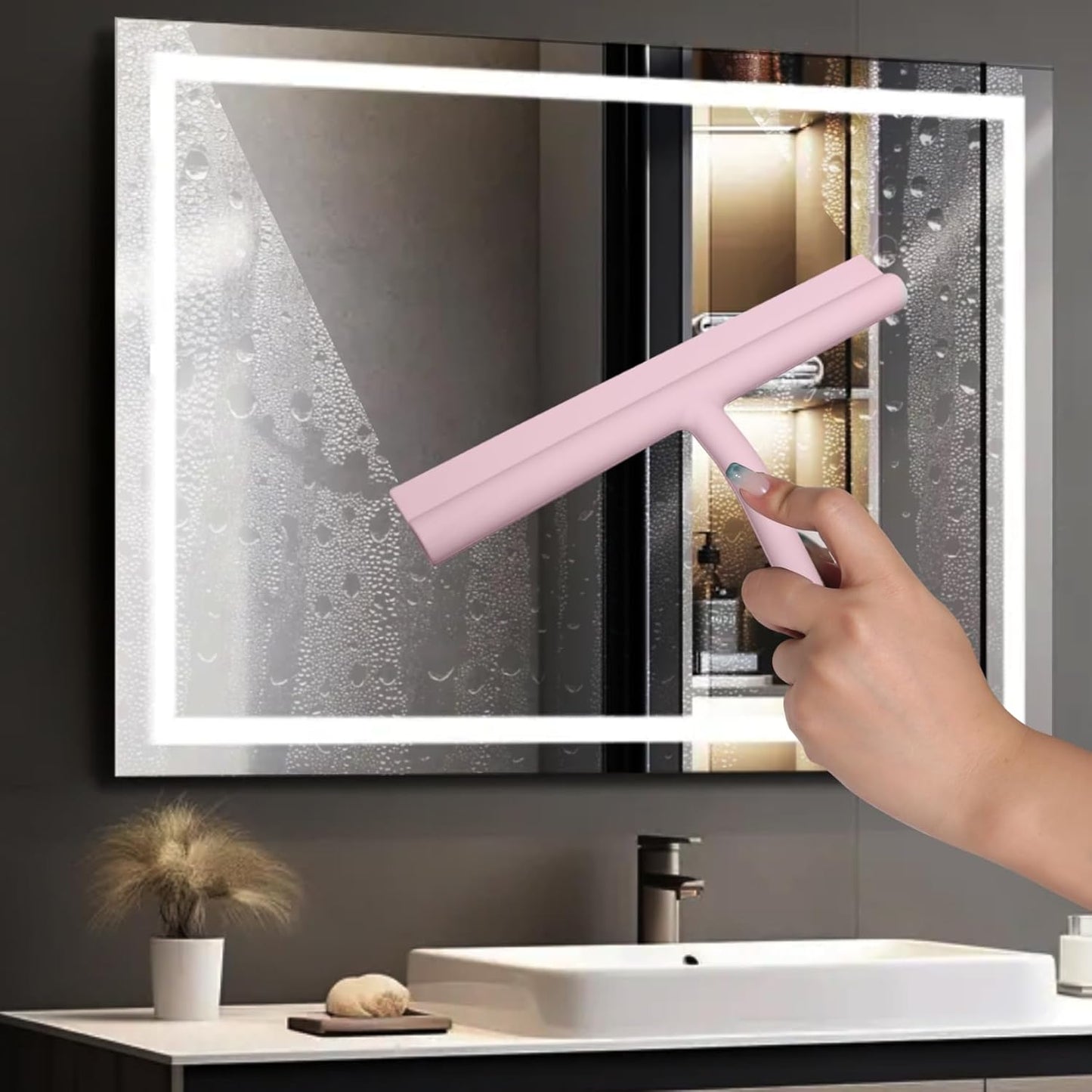 Squeegee for Shower Glass Doors, Resilient Loop - No-Drill & Adhesive Hook, Silicone Shower Squeegee with Stainless Steel Core, Cleaning Tool for Home, Kitchen, Bathroom & Car - Black