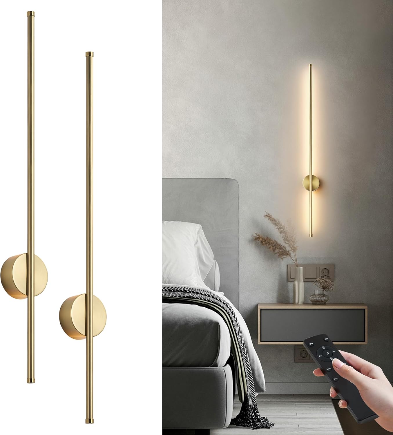 Battery Operated Modern Wall Sconces, Dimmable Wireless Wall Light Set of Two with Remote Control, 3 Color Temperatures, Rechargeable LED Wall Sconce for Bedroom, Living Room, Hallway, 23.6 Inch Brass