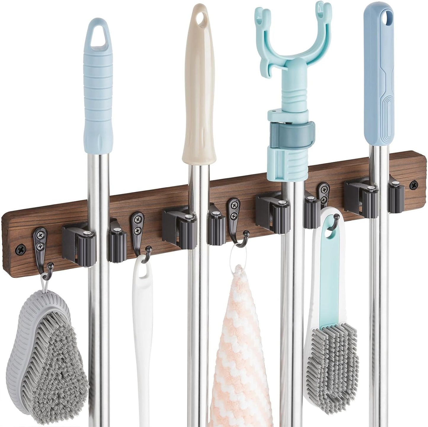 OUTNILI Mop and Broom Holder Wall Mount - Wood Broom Mop Hanger - Wall Mounted Garden Tool Rack Organizer for Closet Garage Laundry Room for Rustic Kitchen Decor With 5 Slots & 4 Hooks