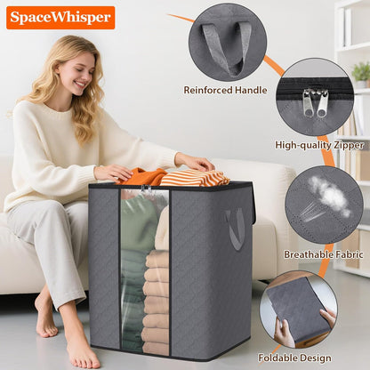 SpaceWhisper 3 Pack 100L Clothes Storage, Foldable Thick Fabric Blanket Storage Bags, Containers for Organizing Bedroom, Closet, Clothing, Comforter,Closet Organization with Handle,Grey
