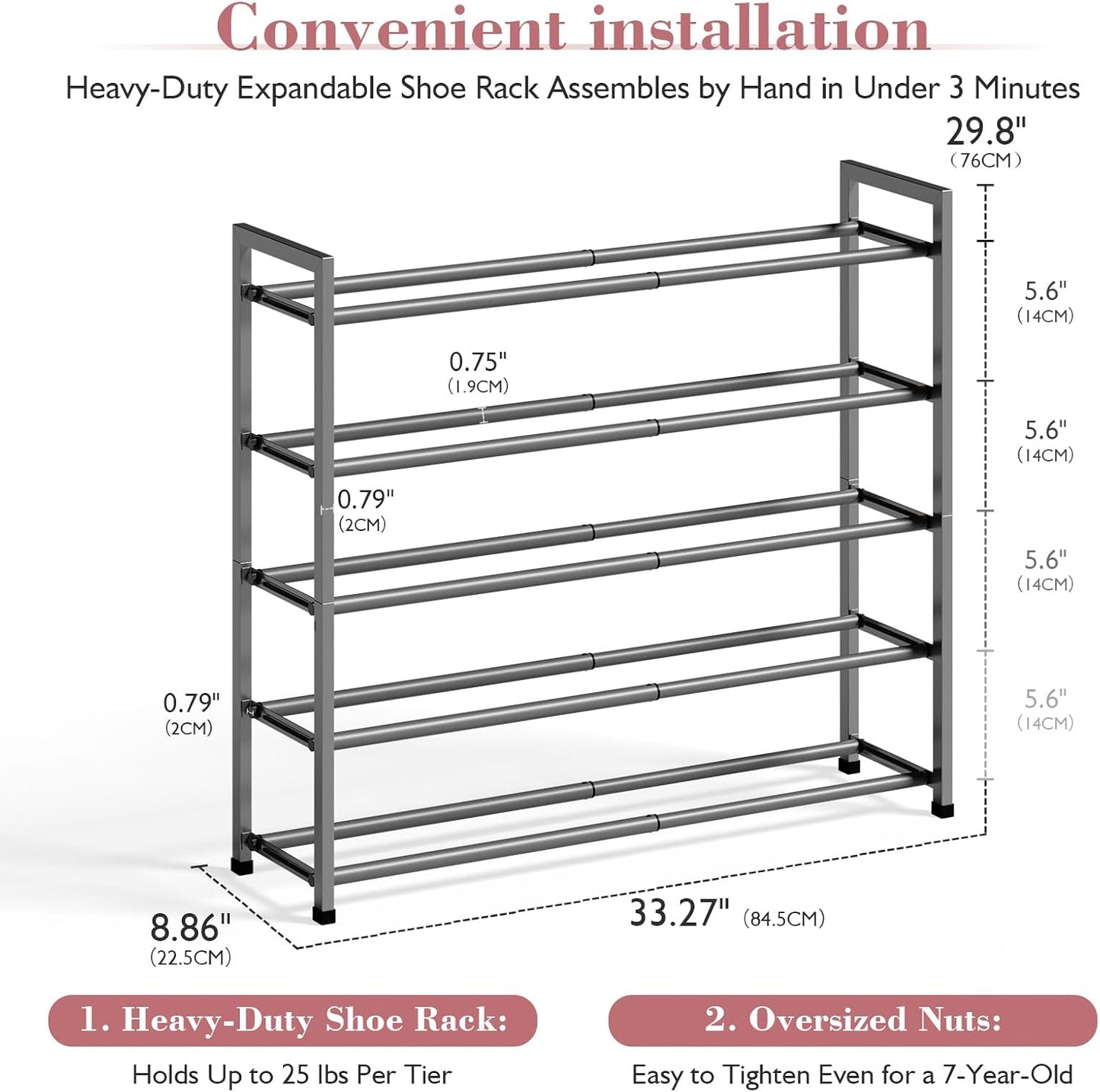Bumusty 3-Tier Expandable Shoe Rack for Closet, 18“-33” Adjustable Shoe Rack for Small Space, Small Shoe Organizer for Front Door, Sturdy Metal, Black