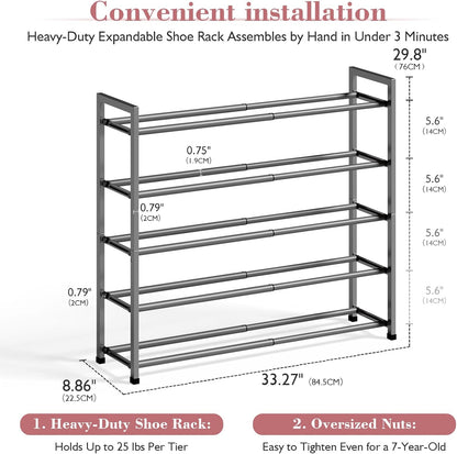 Bumusty 3-Tier Expandable Shoe Rack for Closet, 18“-33” Adjustable Shoe Rack for Small Space, Small Shoe Organizer for Front Door, Sturdy Metal, Black