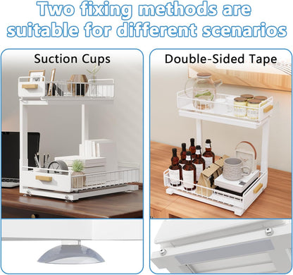 Under Sink Organizer Kitchen - Upgraded Professional Rails, 2 Tier Dual Pull Out Cabinet Storage, Height Adjustable Under Sink Storage, Metal Sliding Drawer for Kitchen & Bathroom, White, 2 Pack