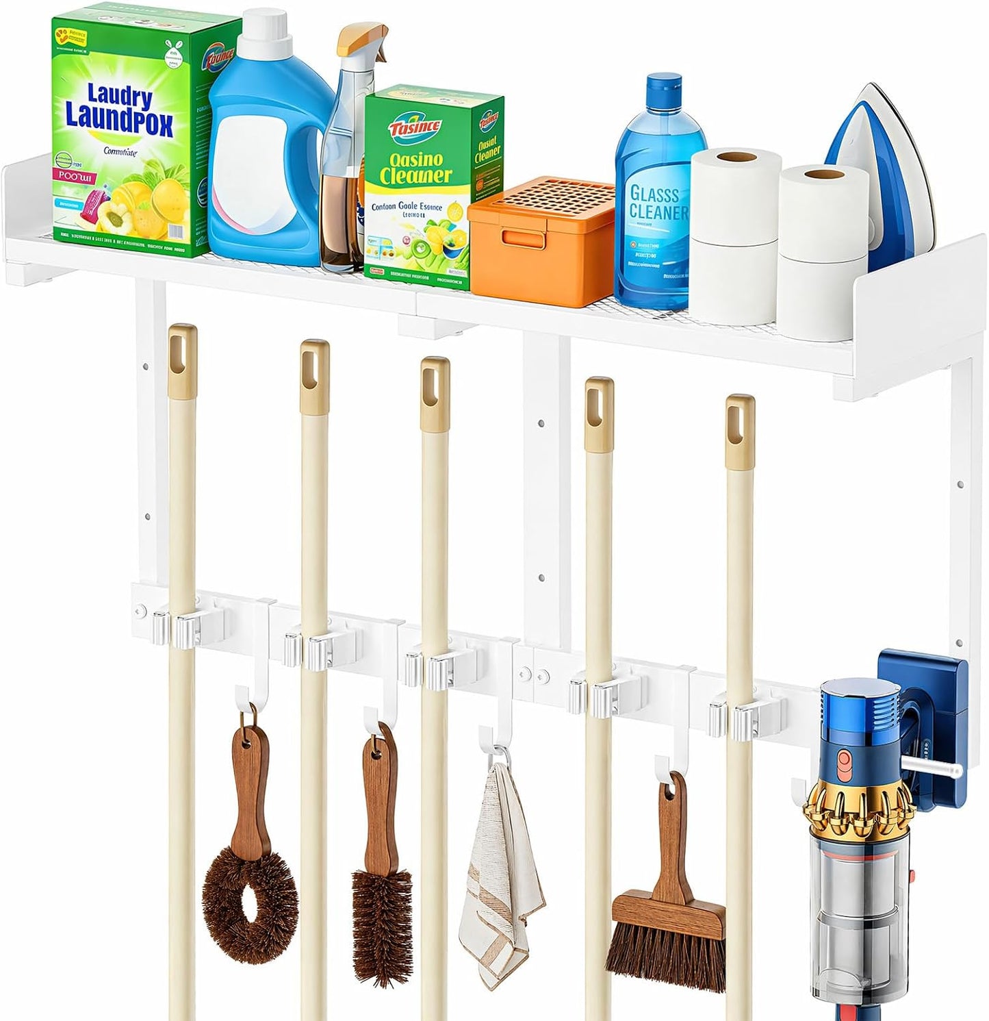 HUFAND Broom Holder Wall Mount, 27" Large Mop and Broom Organizer Wall Hanging with Top Storage Shelf & Vacuum Hook, Heavy Duty Iron Utility Rack for Laundry Room, Garage, Kitchen, Garden - Black