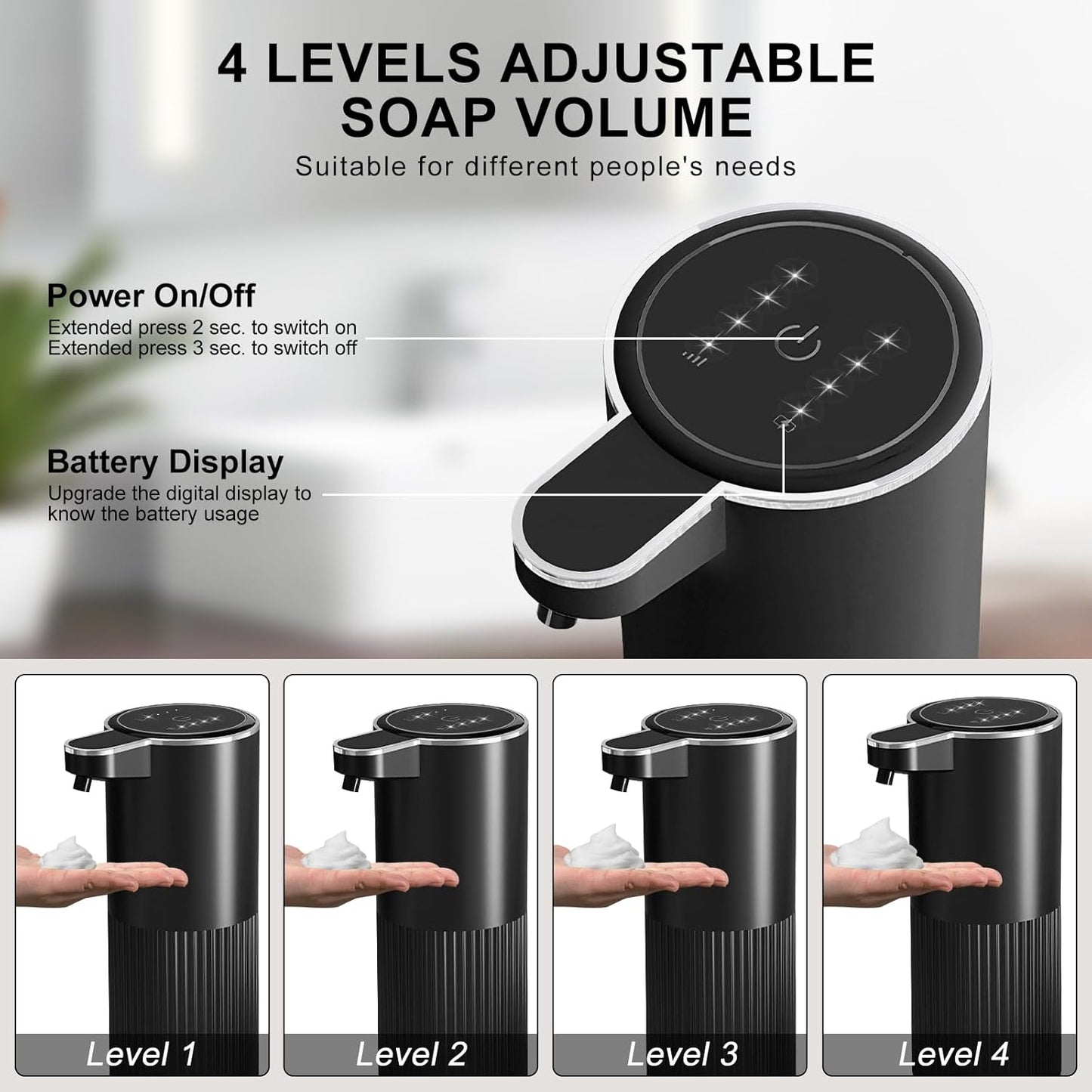 GuDoQi Automatic Touchless Liquid Soap Dispenser, 4-Level Adjustable Foam, USB Rechargeable Hand Soap Dispenser for Bathroom, Kitchen Countertops, 12.2oz/360mL, Black