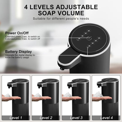GuDoQi Automatic Touchless Liquid Soap Dispenser, 4-Level Adjustable Foam, USB Rechargeable Hand Soap Dispenser for Bathroom, Kitchen Countertops, 12.2oz/360mL, Black