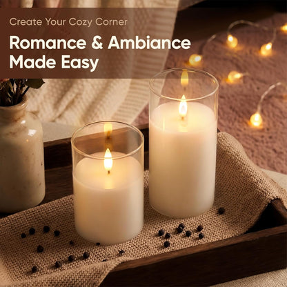 Amagic Clear Glass Flameless Candles Battery Operated with Timer, Remote Control, LED Pillar Candles, Battery Powered, Valentine's Day Decor, Pure White Wax, Set of 3
