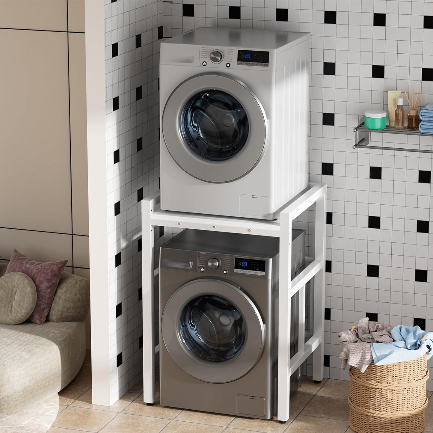 Washer Dryer Stacking Rack Stand, Over the Washer and Dryer Storage Shelf, Height Adjustable Standing Washer Dryer Machine Rack, Stackable Shelf for Laundry Room Apartments (White)