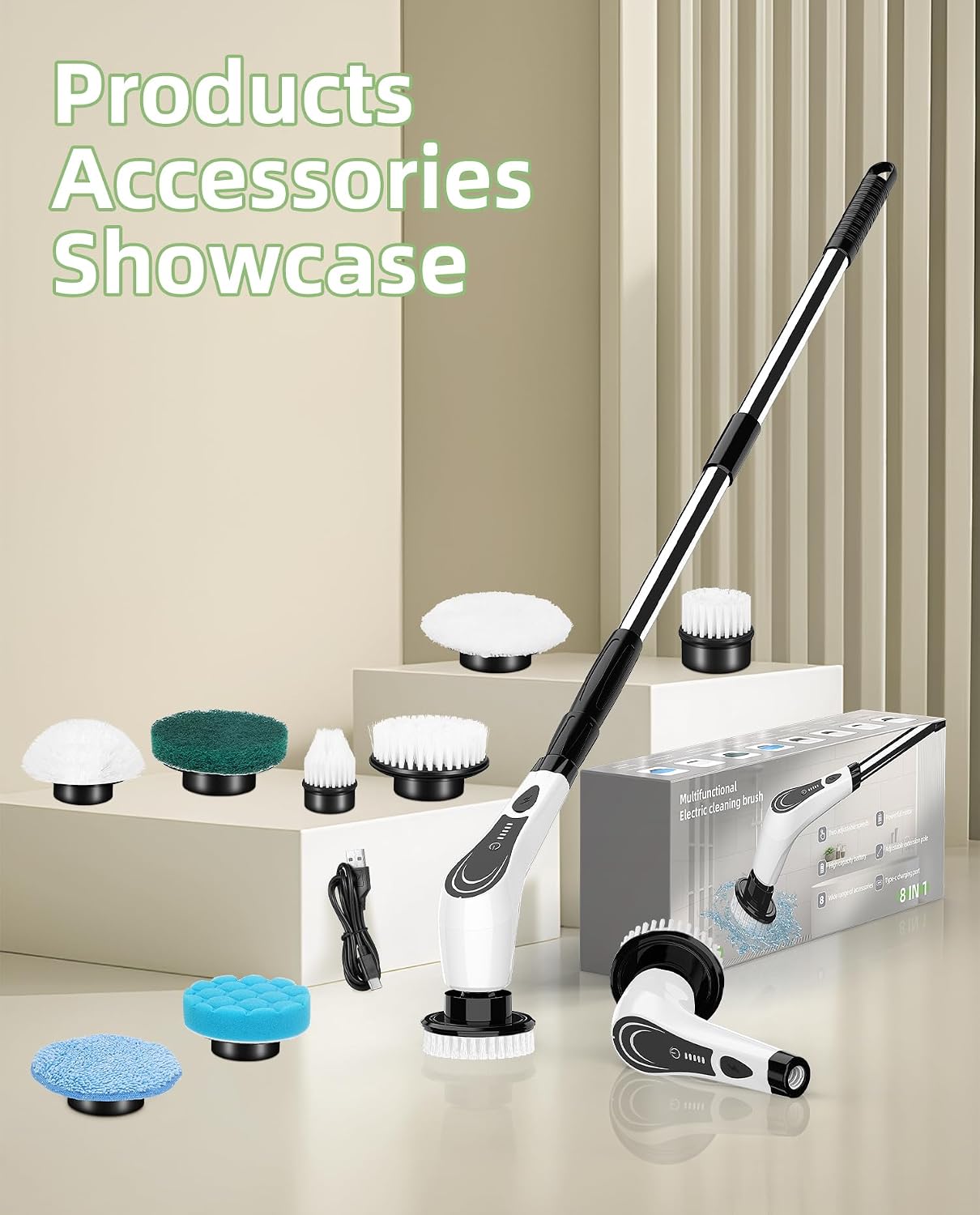6-in-1 Cordless Electric Spin Scrubber with Long Handle | Power scrubber, bathroom scrubber, 47.2 in long handle, 2 speed scrub brush, IPX7 rated body, kitchen, tile, tub, floor