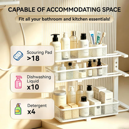 2 Pack 3 Tier Under Sink Organizer with Pull Out Drawer, Height Adjustable Heavy Duty Metal Under Cabinet Organizer, Smooth Sliding Storage Shelf for Kitchen, Bathroom Cabinet Organization, White