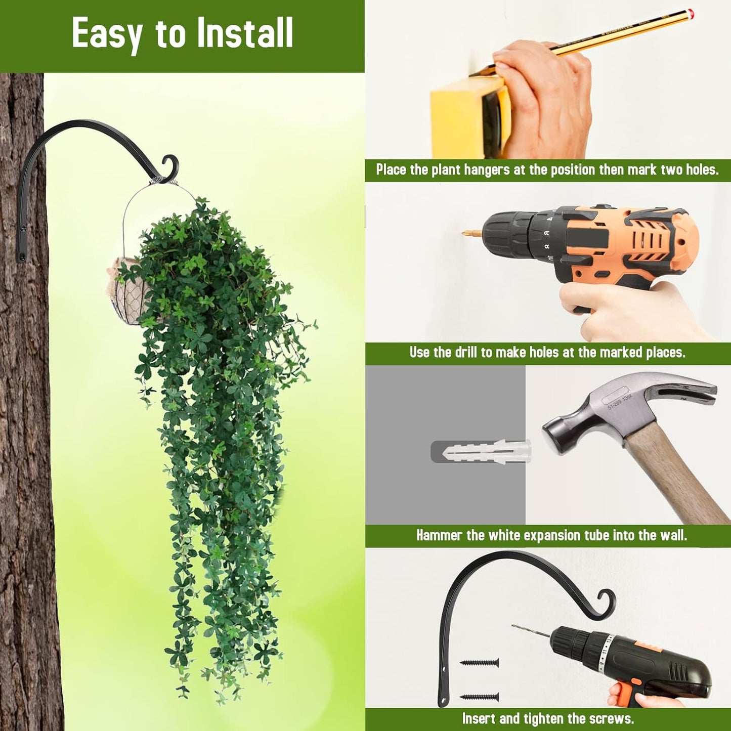 FEED GARDEN Heavy Duty Plant Hangers Outdoor Indoor, 8 Inch 2 Pack Metal Hanging Bracket Holds Up to 44 lbs, Wall Brackets for Hanging Baskets, Bird Feeders,Wind Chime& Lanterns, Black