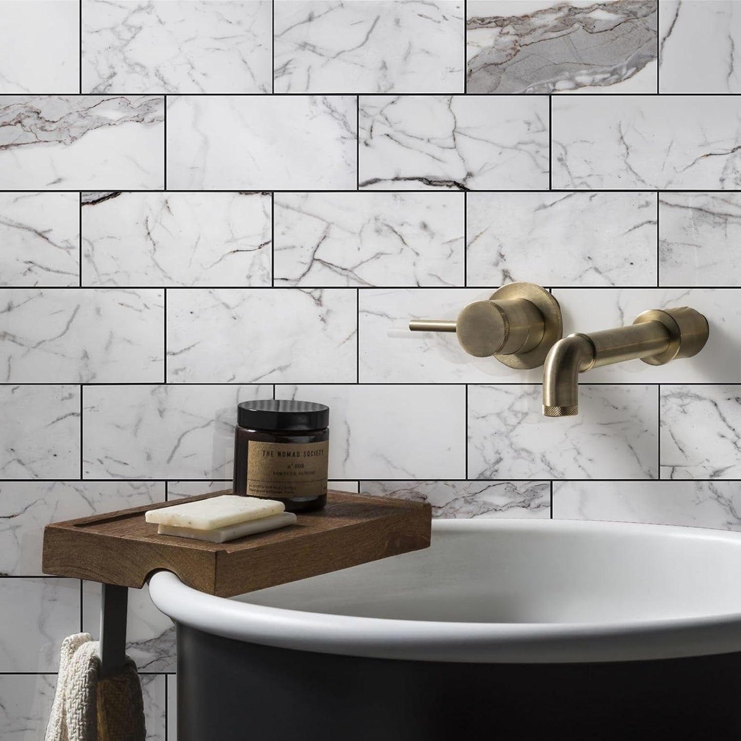 Vamos Tile 100-Piece Glossy Dolomite White Peel and Stick Backsplash Tile,3''x6'' PVC Subway Tile with White Grout, Stick on Backsplash for Kitchen/Bathroom/Fireplace