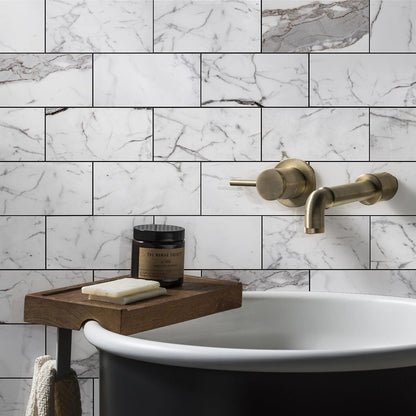 Vamos Tile 100-Piece Glossy Dolomite White Peel and Stick Backsplash Tile,3''x6'' PVC Subway Tile with White Grout, Stick on Backsplash for Kitchen/Bathroom/Fireplace