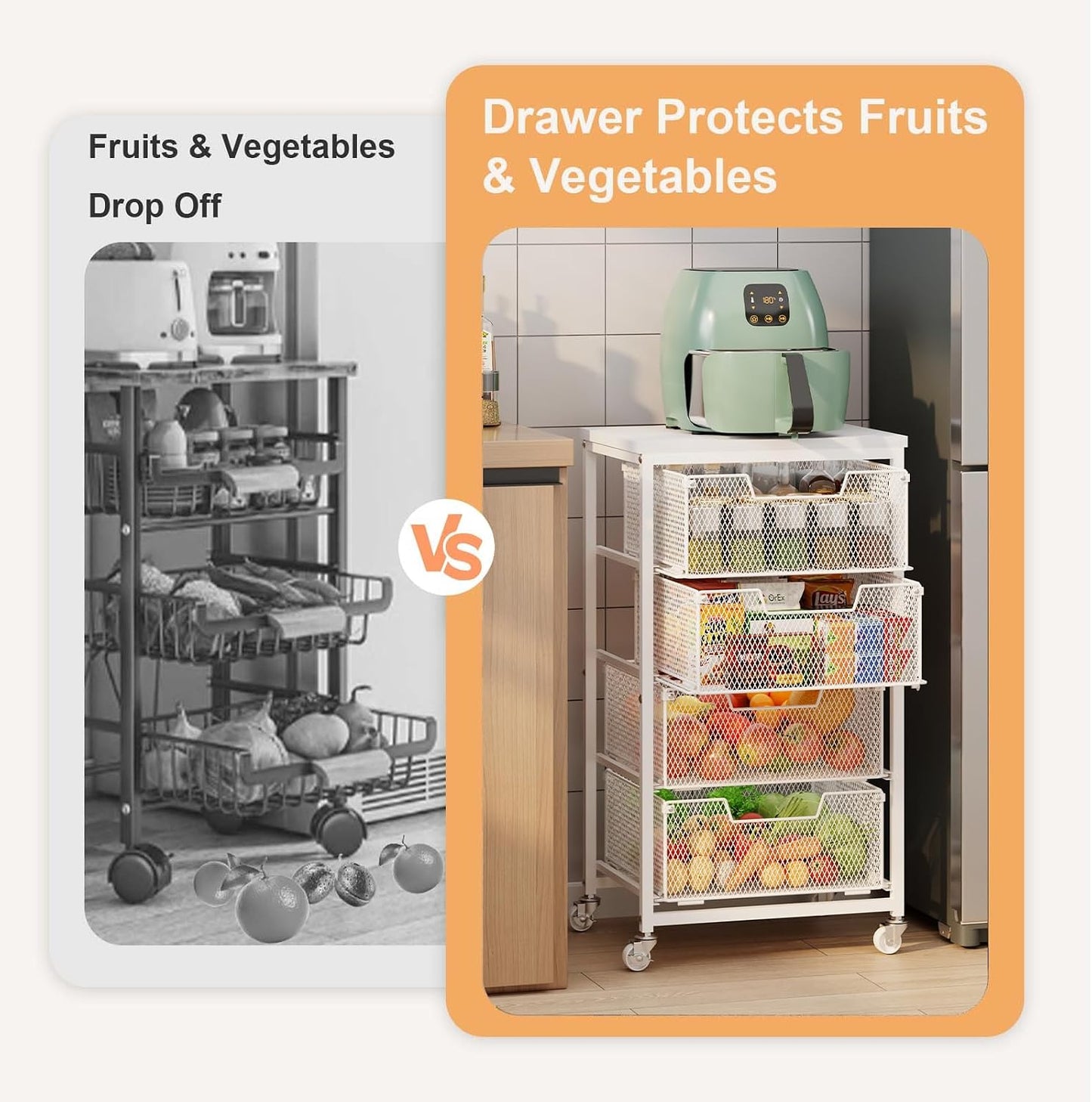 4 Tier Kitchen Rolling Cart, Kitchen Storage Cart with Wheels, Adjust Pantry Organizer and Storage Cart with Drawer, Fruit Vegetable Spice Storage Cart, Wooden Top Metal Kitchen Organizer Rack Stand