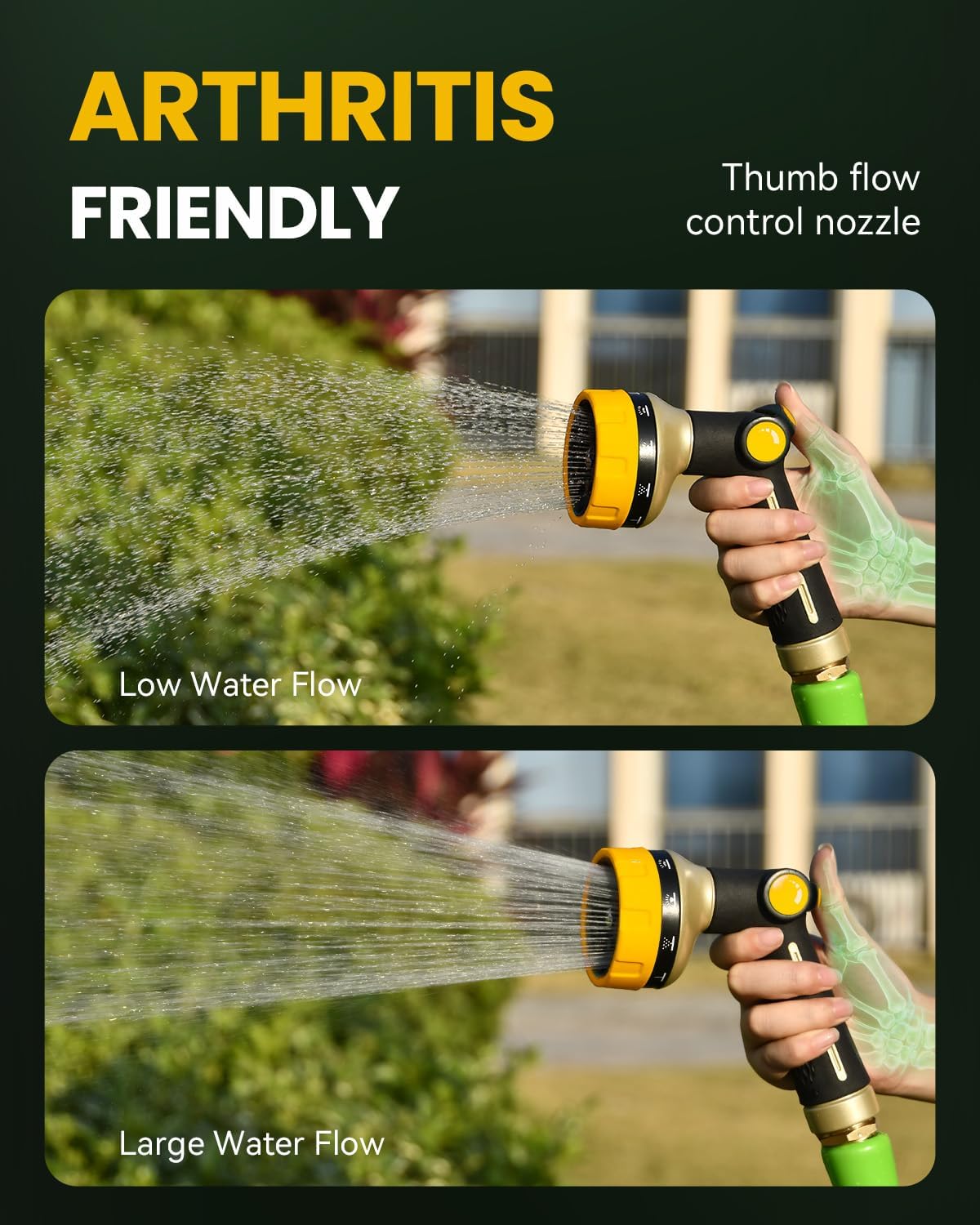 RAINPOINT Garden Hose Nozzle Heavy Duty - 100% Metal Thumb Control Spray Nozzles for Garden Hose High Pressure, 10 Patterns Water Hose Nozzle for Car Wash, Watering Lawn and Pets, Green