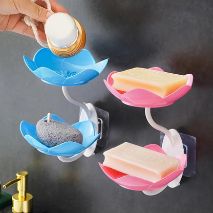 Soap Dish Holder for Shower Bar Double Layer Cute Lotus Shape Adhesive Tray Sink Wall Mounted Shampoo NO-Drilling Self Draining Hanging Saver Rack Plastic Bathroom Bathtub Kitchen，Pink
