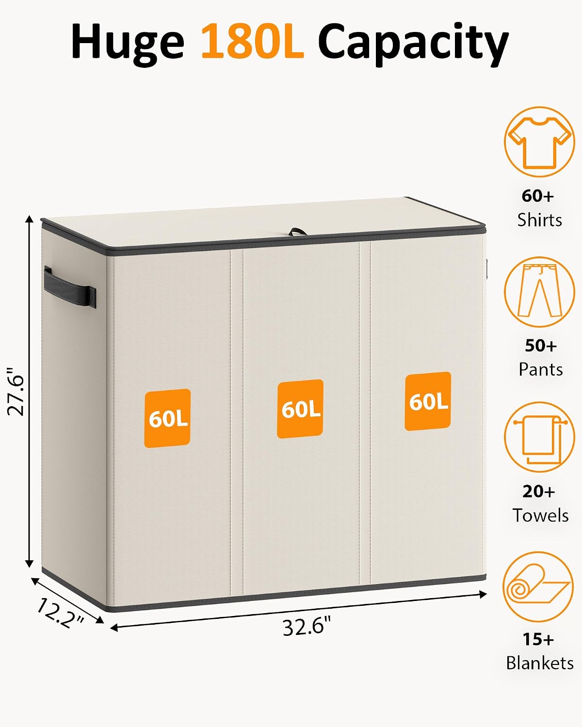 Optish 180L Laundry Hamper 3 Section, Large Laundry Hamper with Lid, Dirty Clothes Hampers with 3 Inner Bags, Laundry Basket Organizer for Laundry, Bedroom, Bathroom, Hamper 3 Compartment, Black