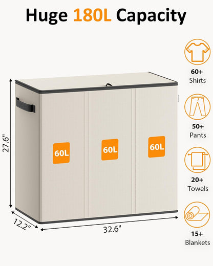 Optish 180L Laundry Hamper 3 Section, Large Laundry Hamper with Lid, Dirty Clothes Hampers with 3 Inner Bags, Laundry Basket Organizer for Laundry, Bedroom, Bathroom, Hamper 3 Compartment, Black