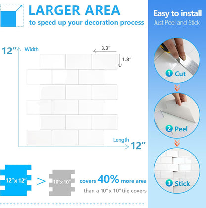 STICKGOO Peel and Stick Backsplash Subway Tiles, 10 Sheets of 12" x 12" - 3D Adhesive Peel and Stick Tile Backsplash for Kitchen, Bathroom, Wall Tile (Thicker Design, Bright White)