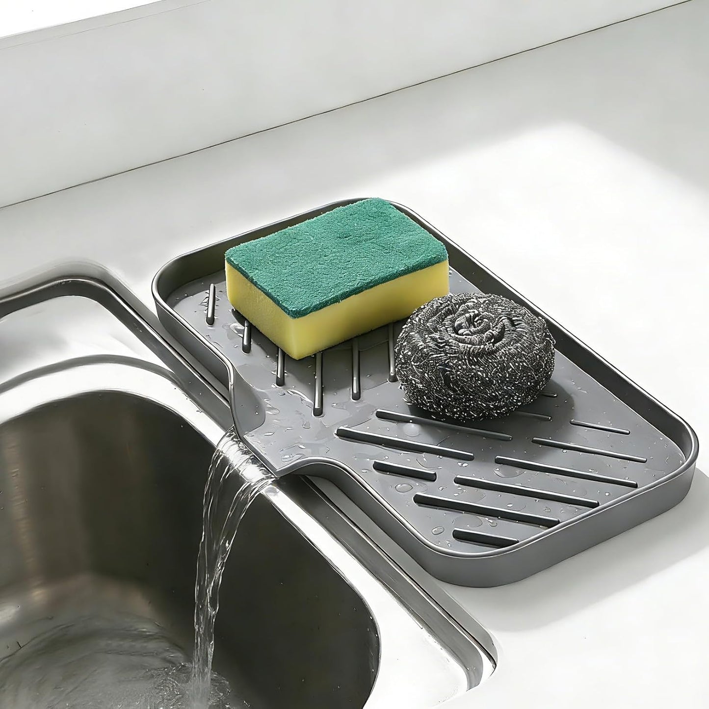 Silicone Sink Caddy Soap Dish with Drain Spout, 2-Pack Sponge Holder Tray for Kitchen & Bathroom Counter, 9.6"×5.3", Raised Ridges, Non-Slip, Easy-Clean, Grey