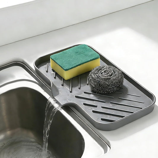 Silicone Sink Caddy Soap Dish with Drain Spout, 2-Pack Sponge Holder Tray for Kitchen & Bathroom Counter, 9.6"×5.3", Raised Ridges, Non-Slip, Easy-Clean, Grey