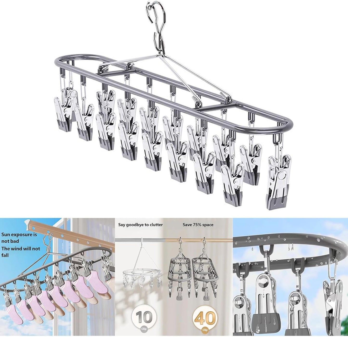 Clothes Drying Rack with 20 Clips, Hanging Laundry Hanger Dryer Rack, Stainless Steel Sock Dryer Clip for Home Camping Accessory Portable Outdoor Sock