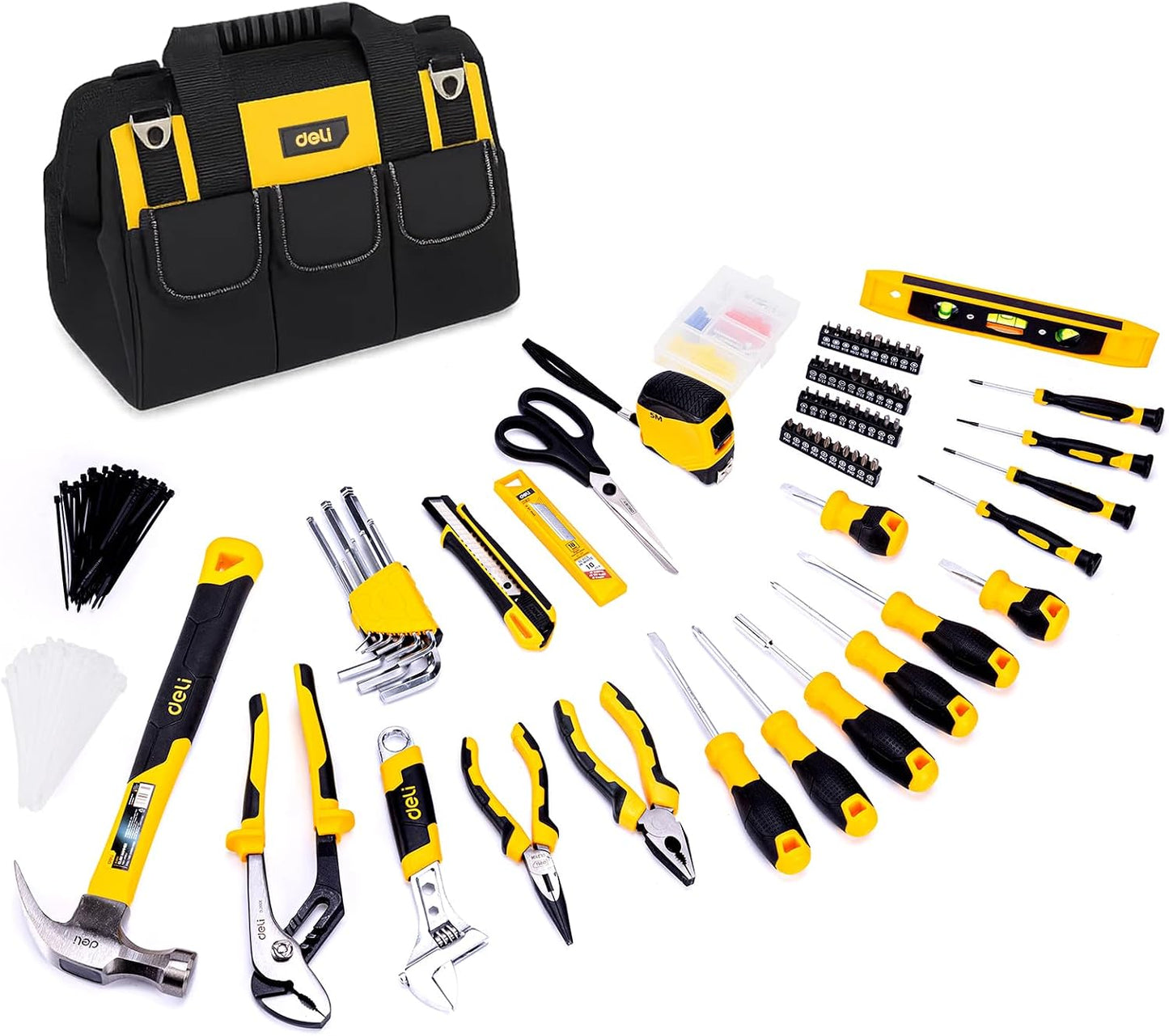 DELI 355-Piece Home Tool Set, Household Repairing Tool Kit with 14-Inch Wide Mouth Open Storage Tool Bag, Yellow