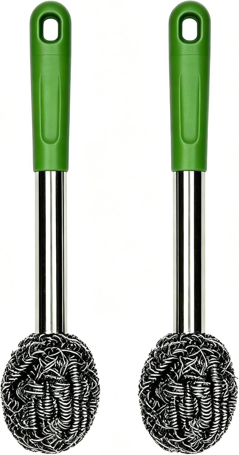 2PCS Steel Wool Scrubber with Handle Rustproof, Cast Iron Scrubber, Stubborn Messes Pot Brush, Remove Dirt for Cleaning Stoves,Sinks Dishes Grills Bowls & Metal Wire Sponge for Kitchens