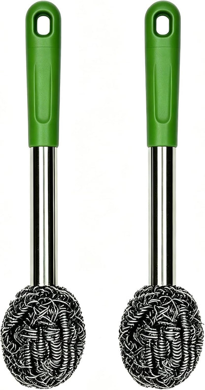 2PCS Steel Wool Scrubber with Handle Rustproof, Cast Iron Scrubber, Stubborn Messes Pot Brush, Remove Dirt for Cleaning Stoves,Sinks Dishes Grills Bowls & Metal Wire Sponge for Kitchens