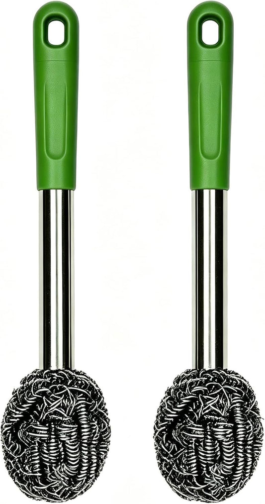 2PCS Steel Wool Scrubber with Handle Rustproof, Cast Iron Scrubber, Stubborn Messes Pot Brush, Remove Dirt for Cleaning Stoves,Sinks Dishes Grills Bowls & Metal Wire Sponge for Kitchens