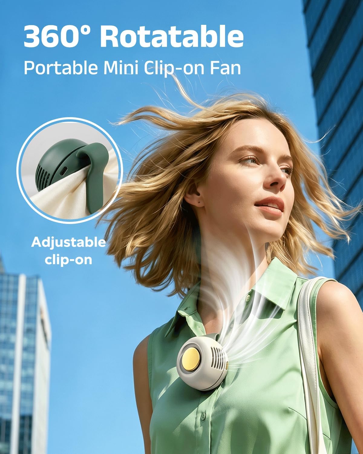Portable Silent Mini Bladeless Electric Fan, 360° Rotatable Portable Mini Clip On Fan for Shirt Waist Rechargeable Whirlwind Clip Fan, 3-Speed Personal Fan Clip On for Outdoor, Travel, Home (Green)