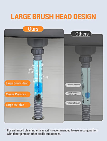 EVOULTES 66" Flexible Drain Brush Tool with Large Brush Head and Double Elastic Nylon Ends, Stainless Steel Long Tube Cleaning Brushes for Kitchen, Sink, Drain Pipe and Long Pipe Cleaning