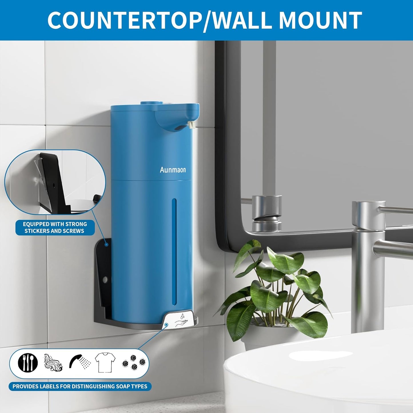 Aunmaon Automatic Soap Dispenser Touchless, Hands-Free, Multi Adjustable Volume, Long Battery Life, Compatible with Thick & Thin Dish/Hand Soap for Bathroom and Kitchen, Easy for Toddlers, Black