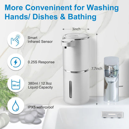 Automatic Foaming Soap Dispenser,4-Level Adjustable Foam, Wall Mount,USB Rechargeable,12.8oz/ 380ml,Touchless Hand & Dish Soap Dispenser for Bathroom, Kitchen,Hotel, Restaurant