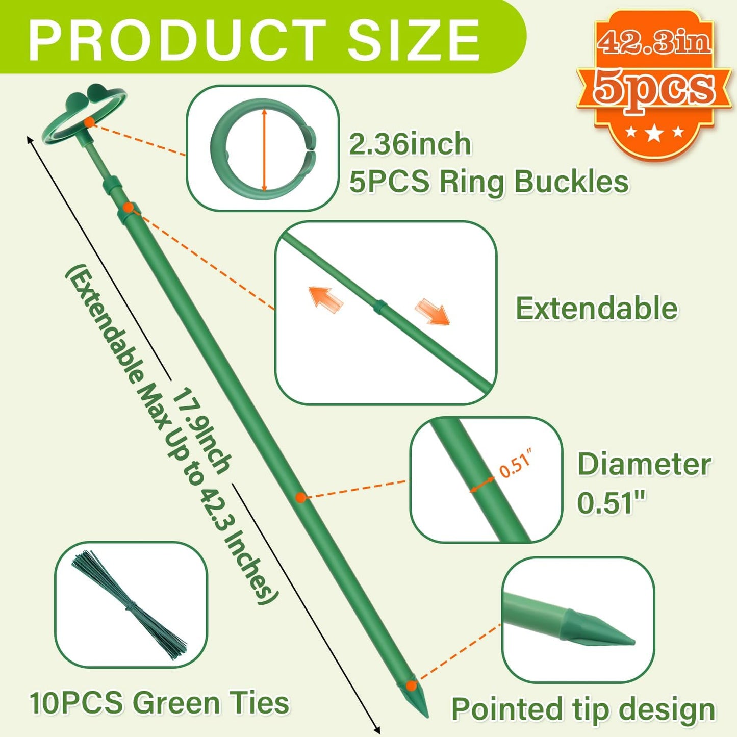 Extendable Plant Stakes,Adjustable Length from 17.9IN to 42.3IN Monstera Support Stakes with Clips,Sturdy Plant Stakes for Indoor Outdoor,Garden Sticks for Tomato,Orchid,Climbing Plants- 3Pack