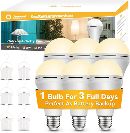 Neporal 4 Pack Emergency-Rechargeable-Light-Bulb, Stay Lights Up When Power Failure, 1500mAh 15W 80W Equivalent LED Light Bulbs for Home, Camping, Tent (E27, with Hook) (Daylight)