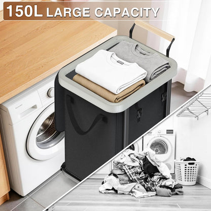 Rolling Laundry Hamper with Wheels, Laundry Hamper 3 Section with Lid, Laundry Basket with Rolling Lockable Wheels and Handle, Laundry Basket Organizer for Laundry Room, Bedroom 230L Black