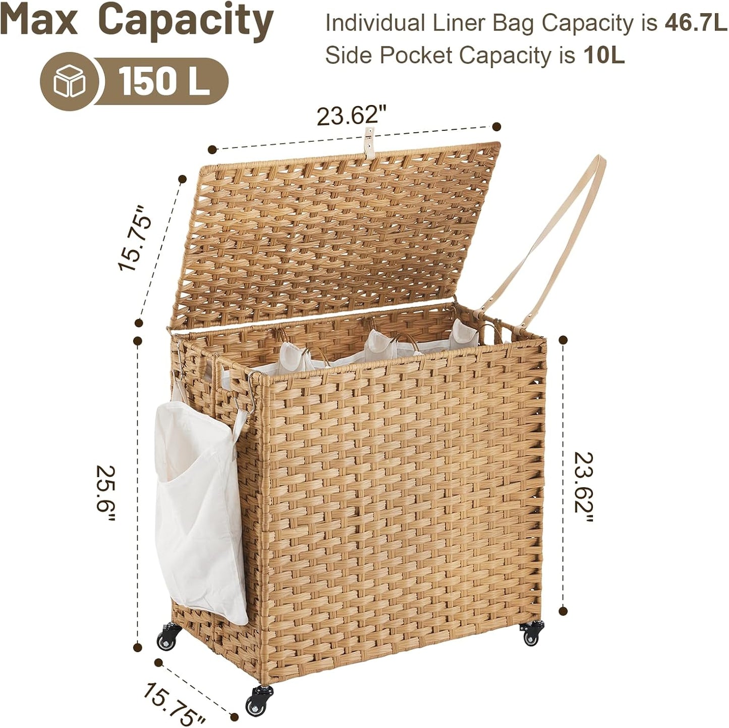 Laundry Hamper with Wheels, 34.3 Gallon(130L) Rolling Laundry Basket with Lid, 3-Section Rattan Clothes Hamper with 3 Removable Liner & 3 Mesh Bags, Laundry Sorter with Side Pocket, Brown