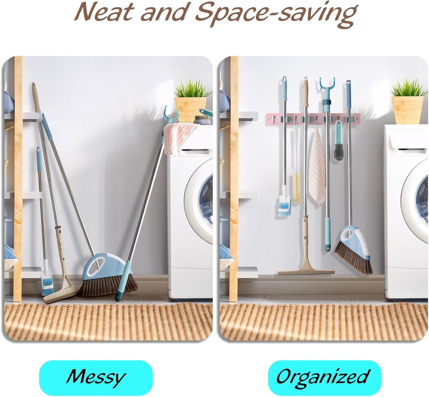 OUTNILI Mop and Broom Holder Wall Mount - Wood Broom Mop Hanger - Wall Mounted Garden Tool Rack Organizer for Closet Garage Laundry Room for Rustic Kitchen Decor With 5 Slots & 4 Hooks