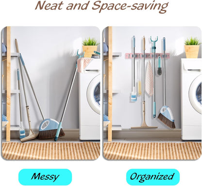 OUTNILI Mop and Broom Holder Wall Mount - Wood Broom Mop Hanger - Wall Mounted Garden Tool Rack Organizer for Closet Garage Laundry Room for Rustic Kitchen Decor With 5 Slots & 4 Hooks