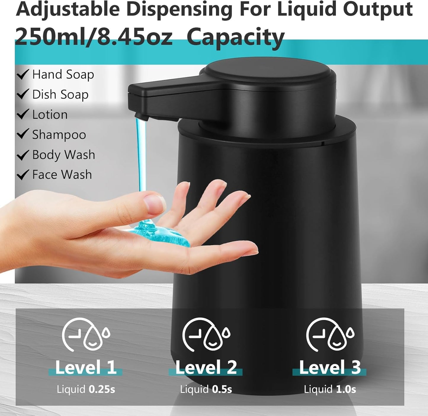 Automatic Soap Dispenser Foaming Touchless: 9oz Plastic Black Modern Rechargeable Electric Auto Foam Soap Dispenser - Bathroom Kitchen Hand Dish Lotion
