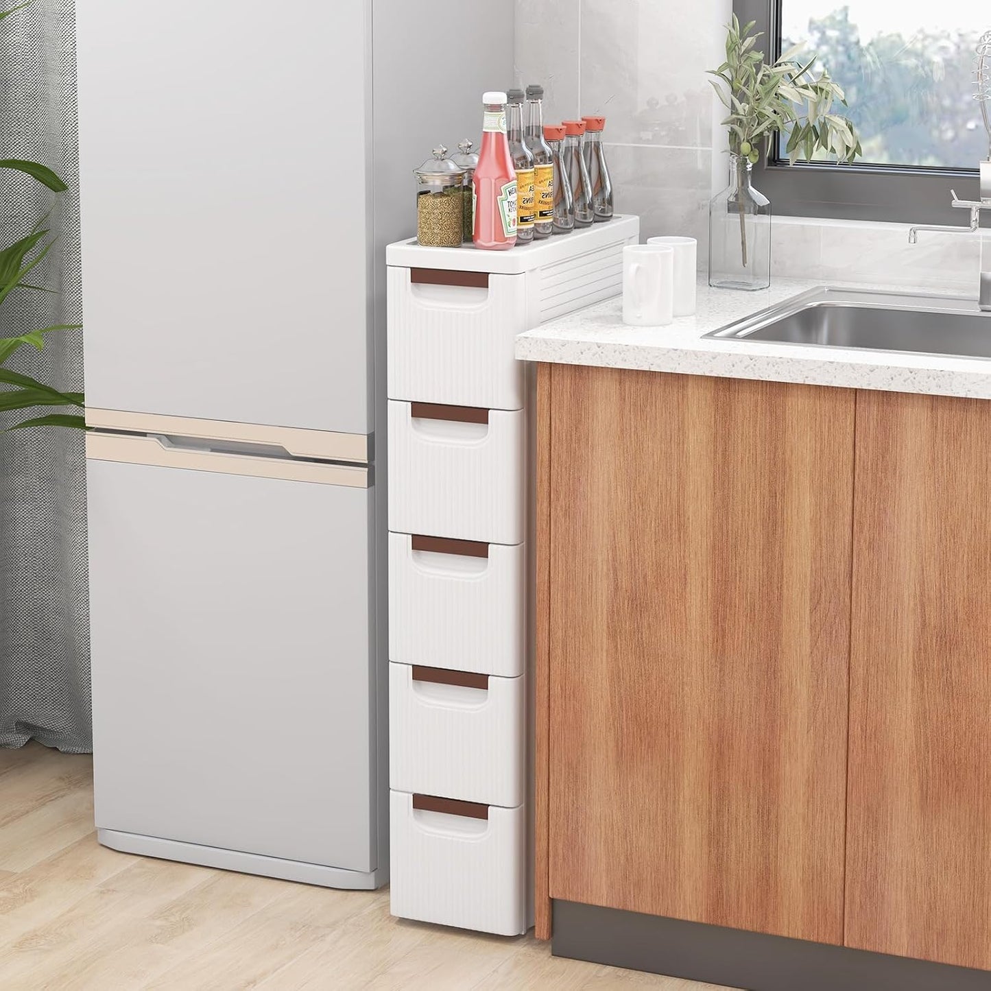 LOKO 6-Drawer Narrow Storage Cabinet, Slim Rolling Cart, Mobile Plastic Cart Container with Pull Handles, Built-in Wheels, for Living Room, Kitchen, Bathroom, Office (7.5"x16.5"x43" (6 Drawer))