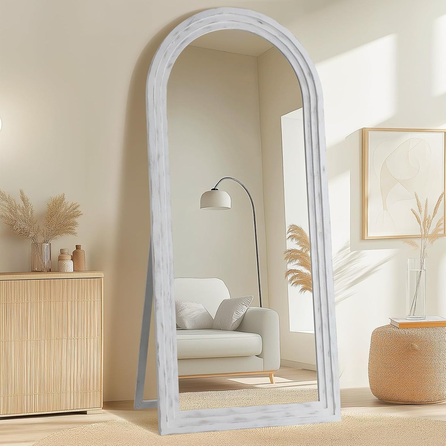 MELOMOIR Arched Full Length Mirror with Solid Wood Frame, 56"x21" Rustic Farmhouse Floor Mirror with Stand, Free Standing Leaning Hanging, for Bedroom Living Room Dressing Room Entryway, Brown