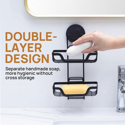 LEVERLOC Bar Soap Holder for Shower with Hooks, Suction Cup Soap Dish Rustproof Stainless Steel for Bathroom Accessories, Sponge Saver Black