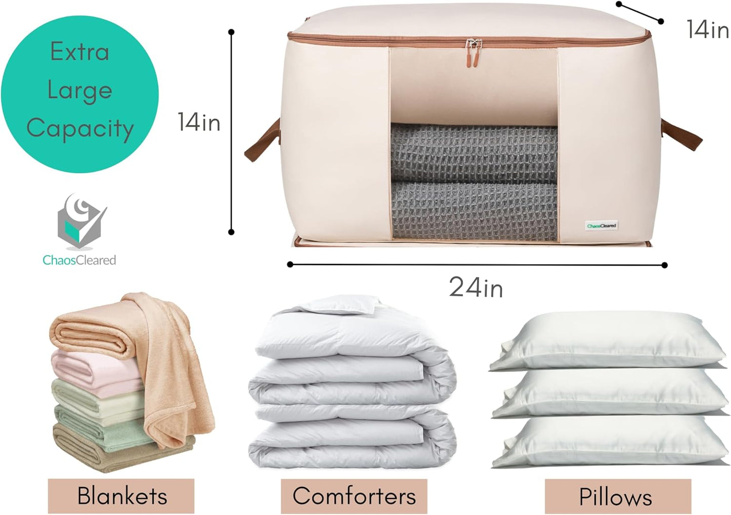 Chaos Cleared Canvas Storage Bags Designer Organizer for Comforters 2 Pack – Seasonal Storage for Pillows, Blankets, Linens & Garments – Foldable Design with Zip & Window, Moth-Proof Space Saver