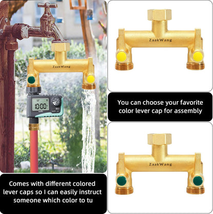 Heavy Duty Brass 2-Way Garden Hose Splitter, 3/4" GHT Threads, Metal Shutoff Valve, Long Handle